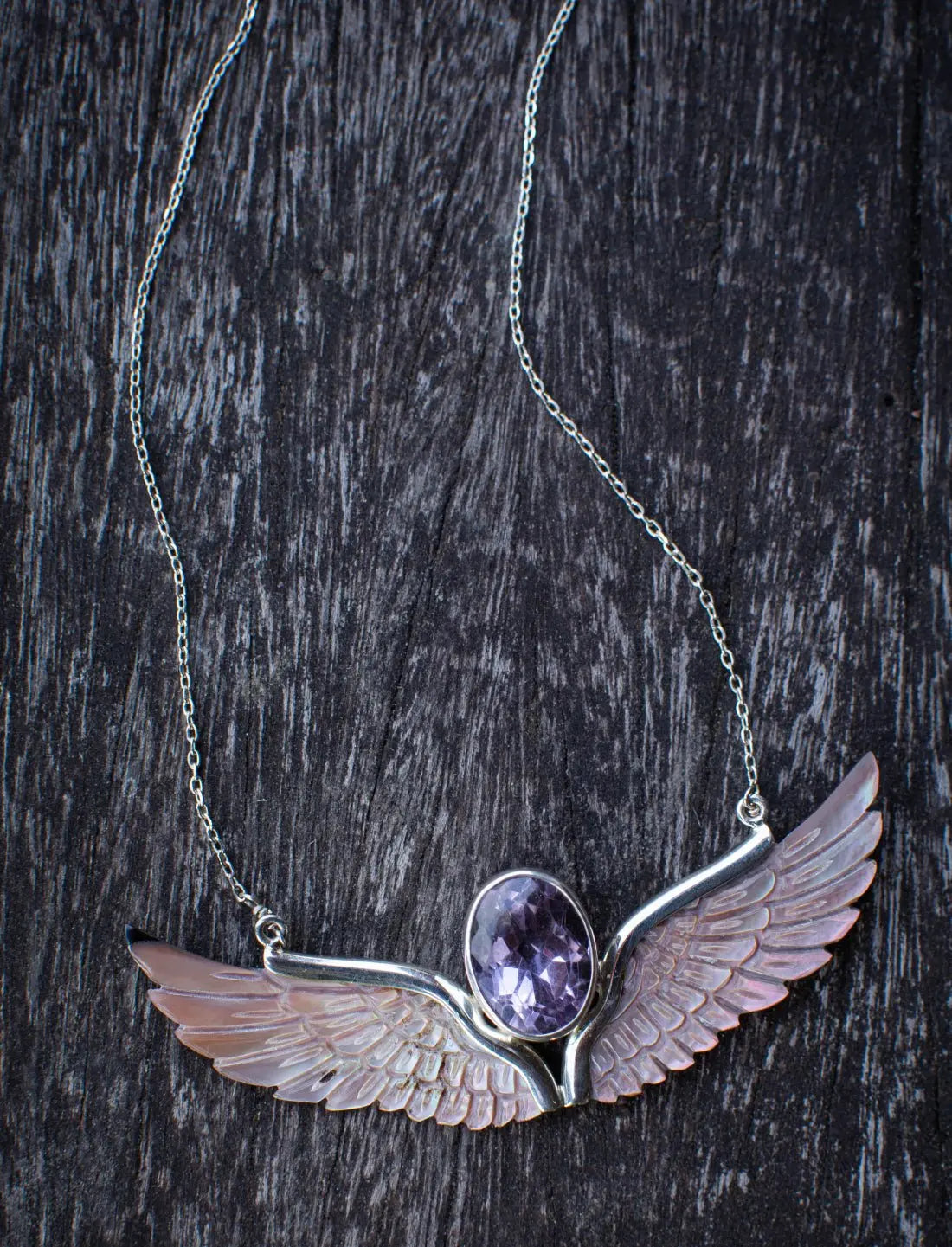 Amethyst Necklace on wood
