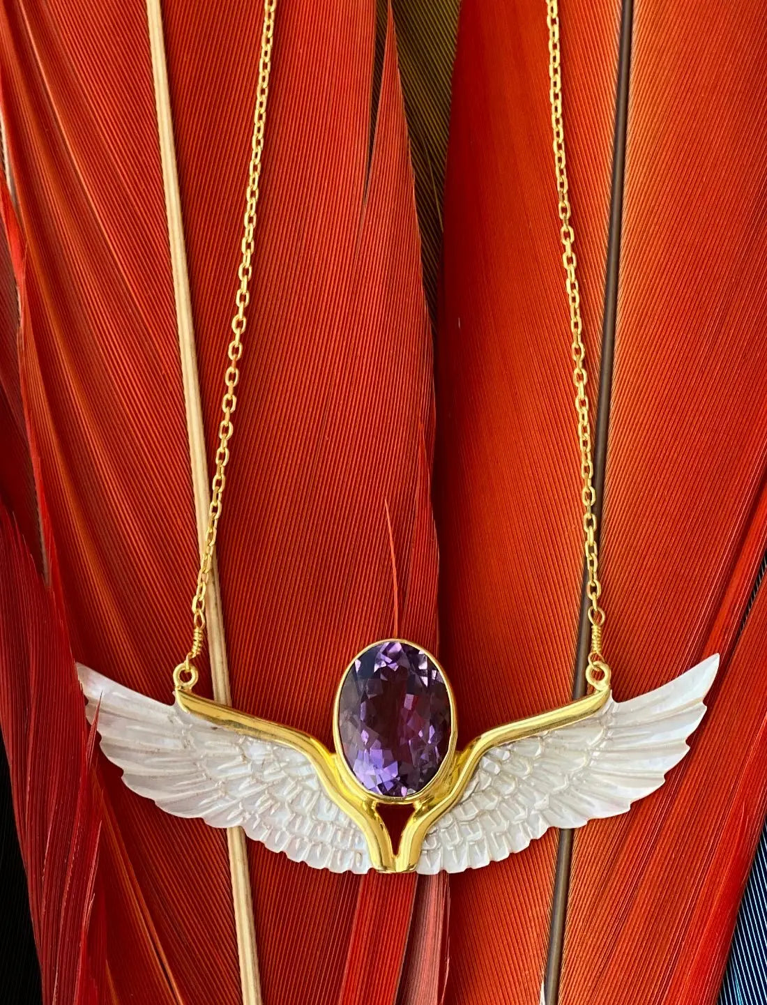 Wings Necklace on feathers