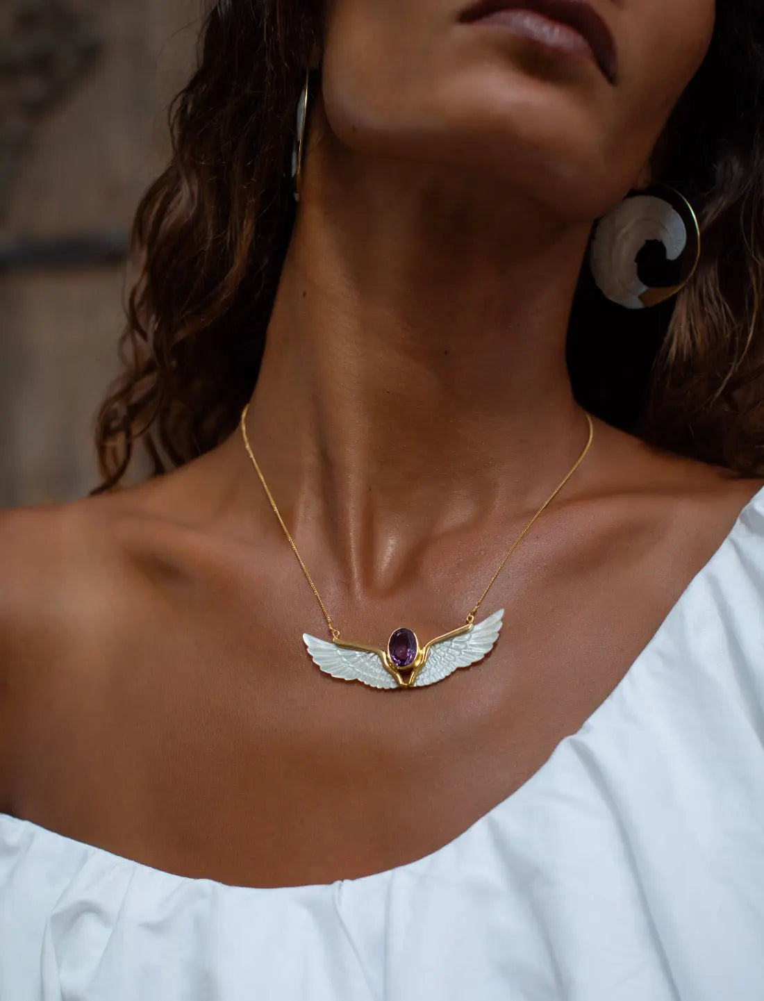 Amethyst Mother of Pearl Wings Necklace on model
