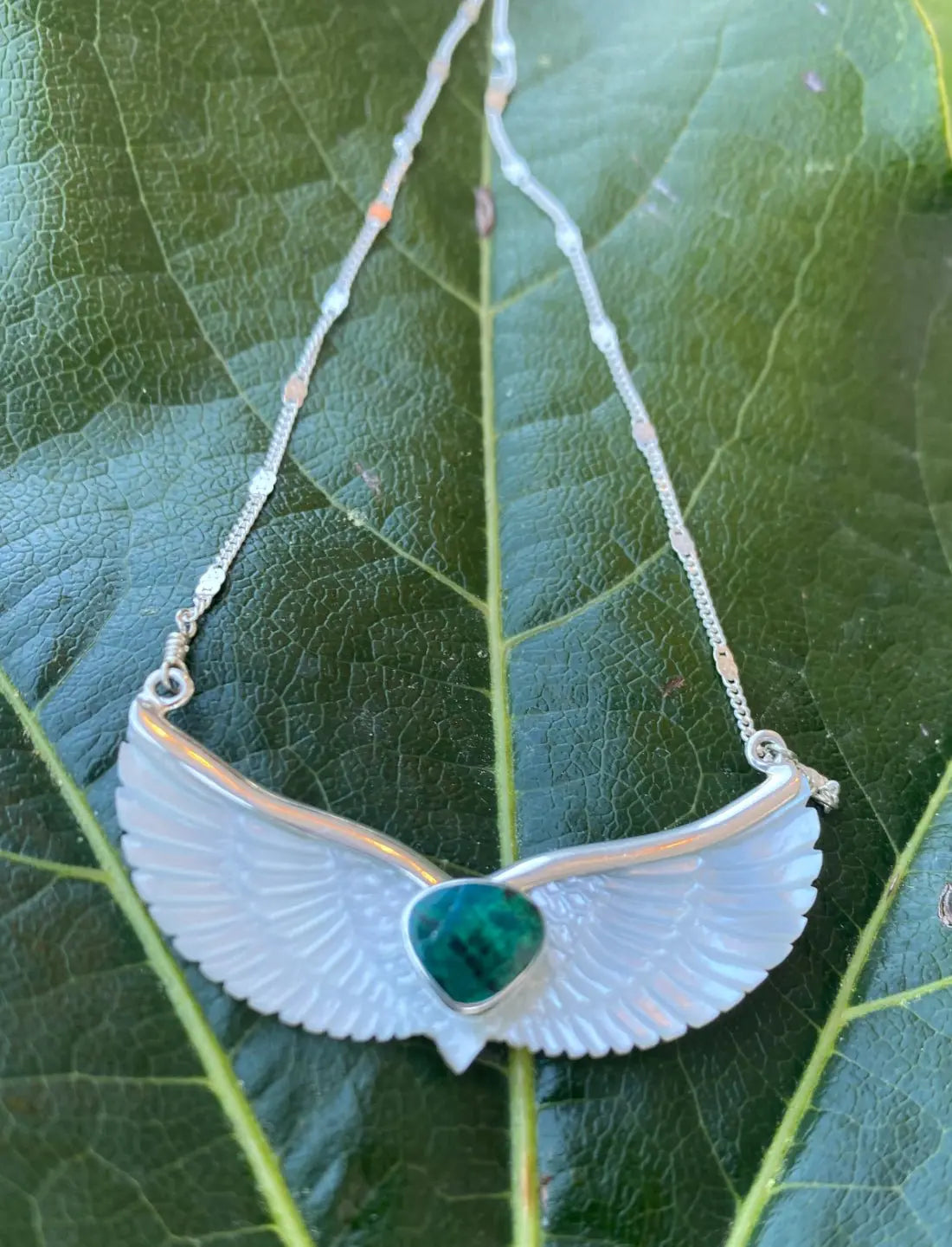 Chrysocolla Mother of Pearl Wings Necklace - Earth Wisdom Collection