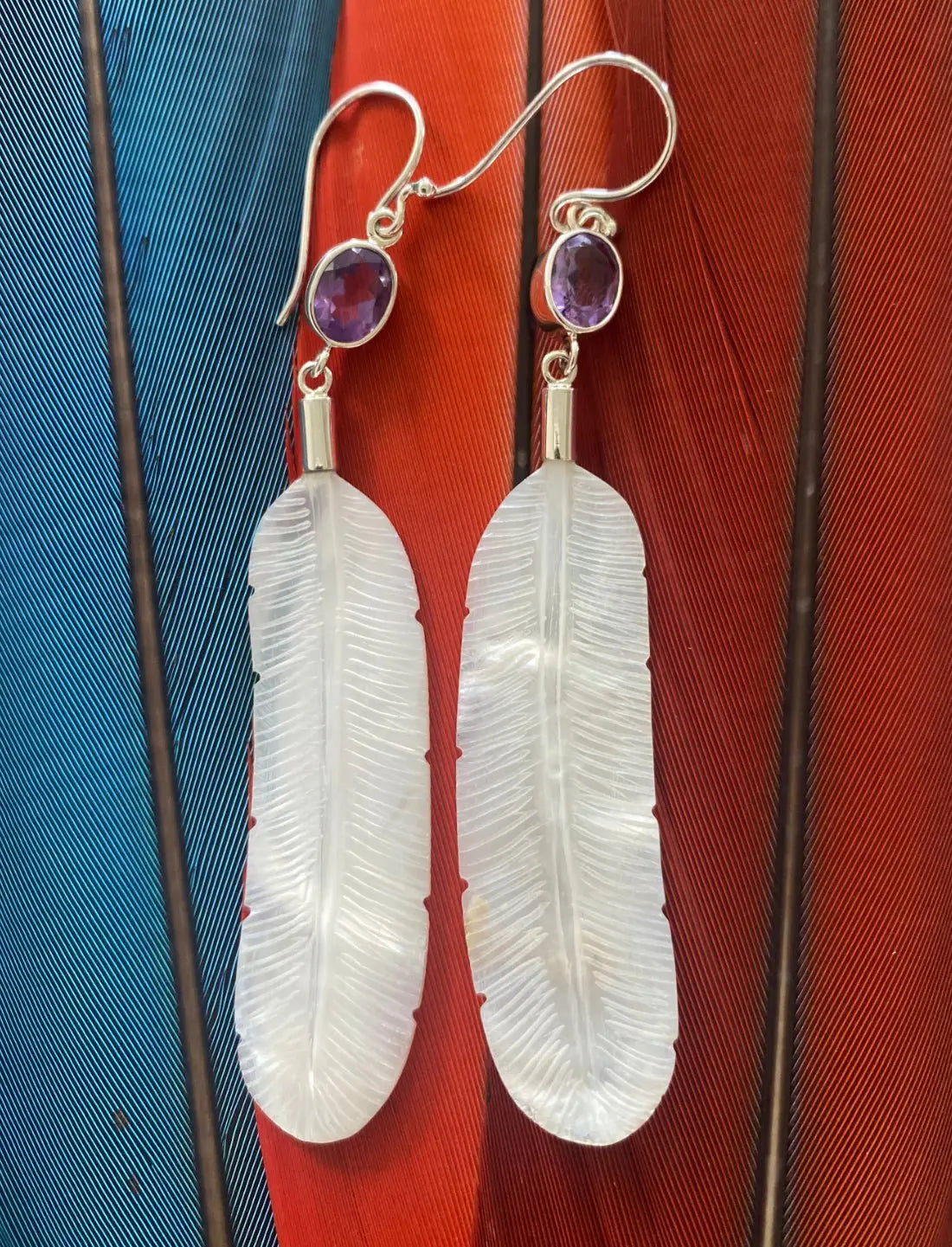 Feather Amethyst Silver Earrings - Earth Wisdom Collection