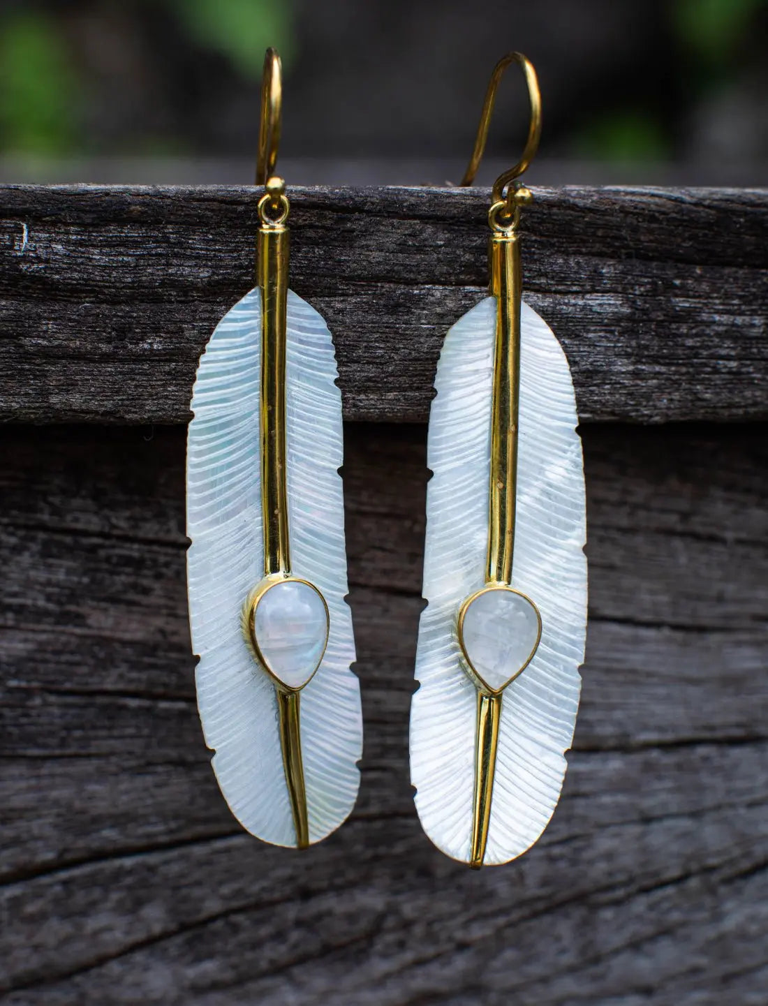 Feather Moonstone Earrings Silver - Earth Wisdom Collection