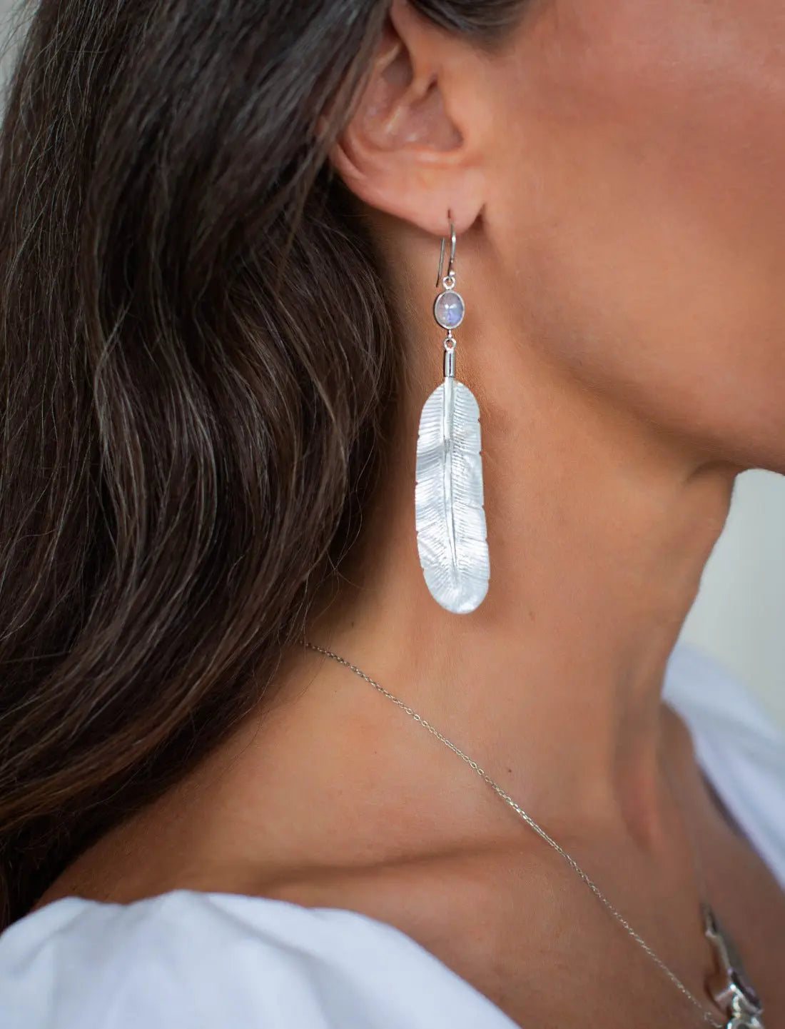 Feather Moonstone Silver Earrings - Earth Wisdom Collection